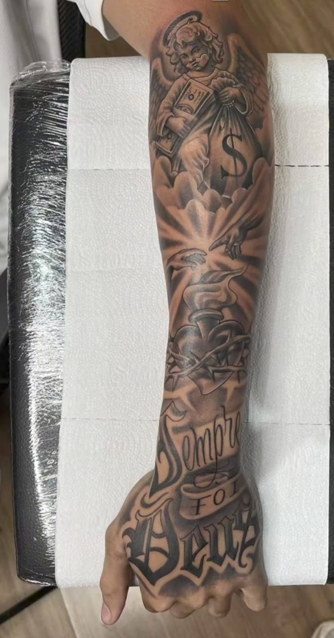Chicano style sleeve with cherub and sacred heart